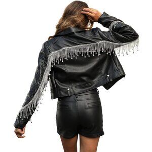 Women's Black Faux Fringe Leather Peak Lapel & Zipper Classic Biker Jacket